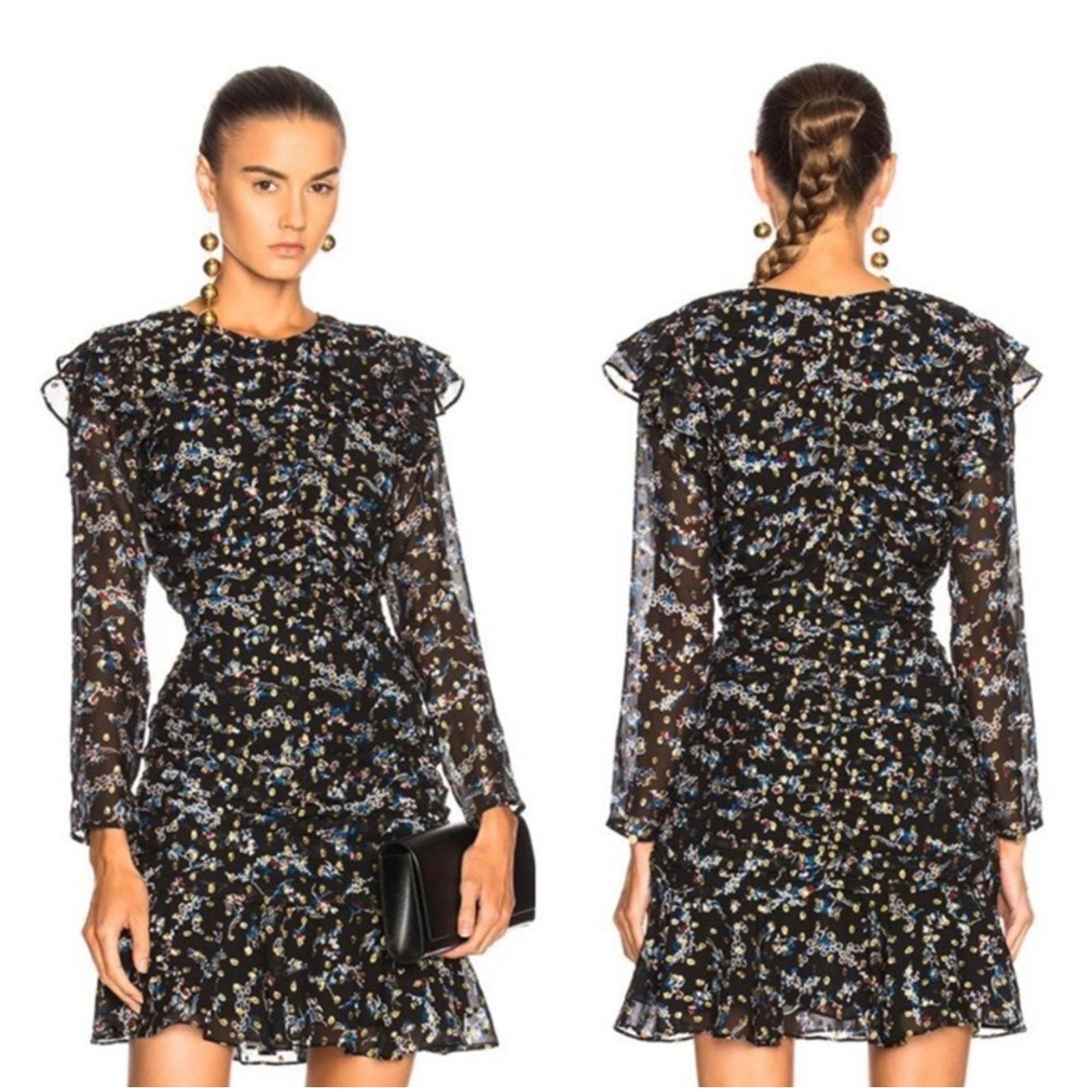 Veronica Beard Parc Black Floral Metallic Silk Ruched Ruffle Mini Dress Size 6